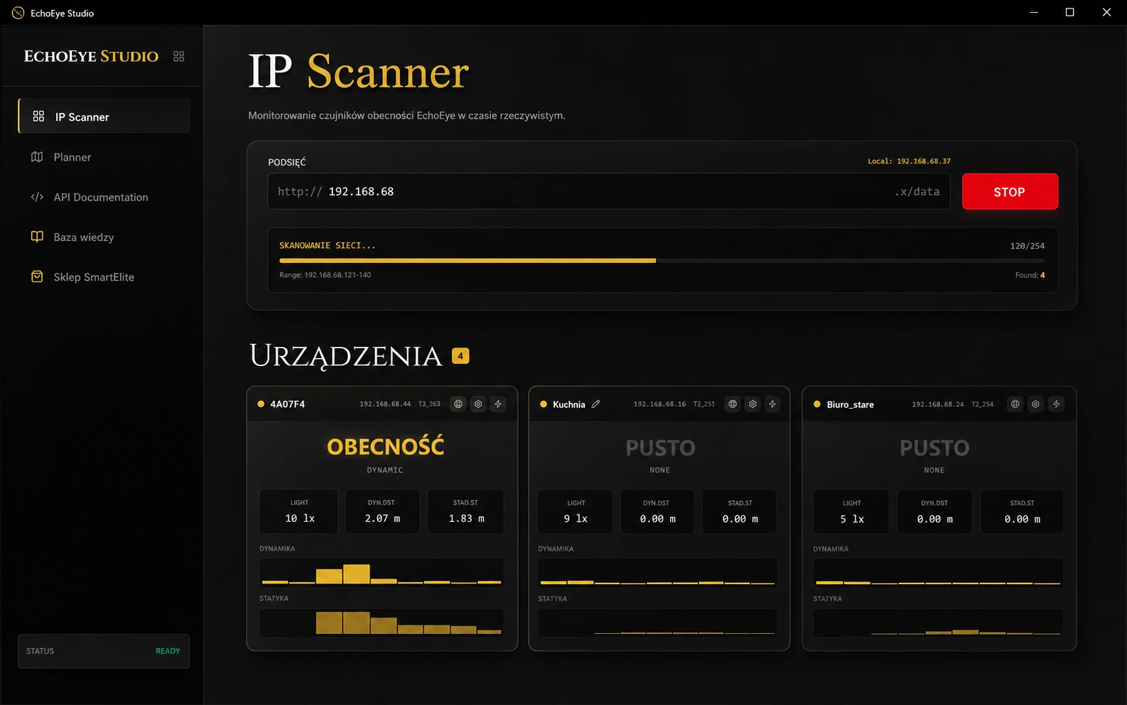 IP Scanner w EchoEye Studio pokazujący czujniki w lokalnej sieci