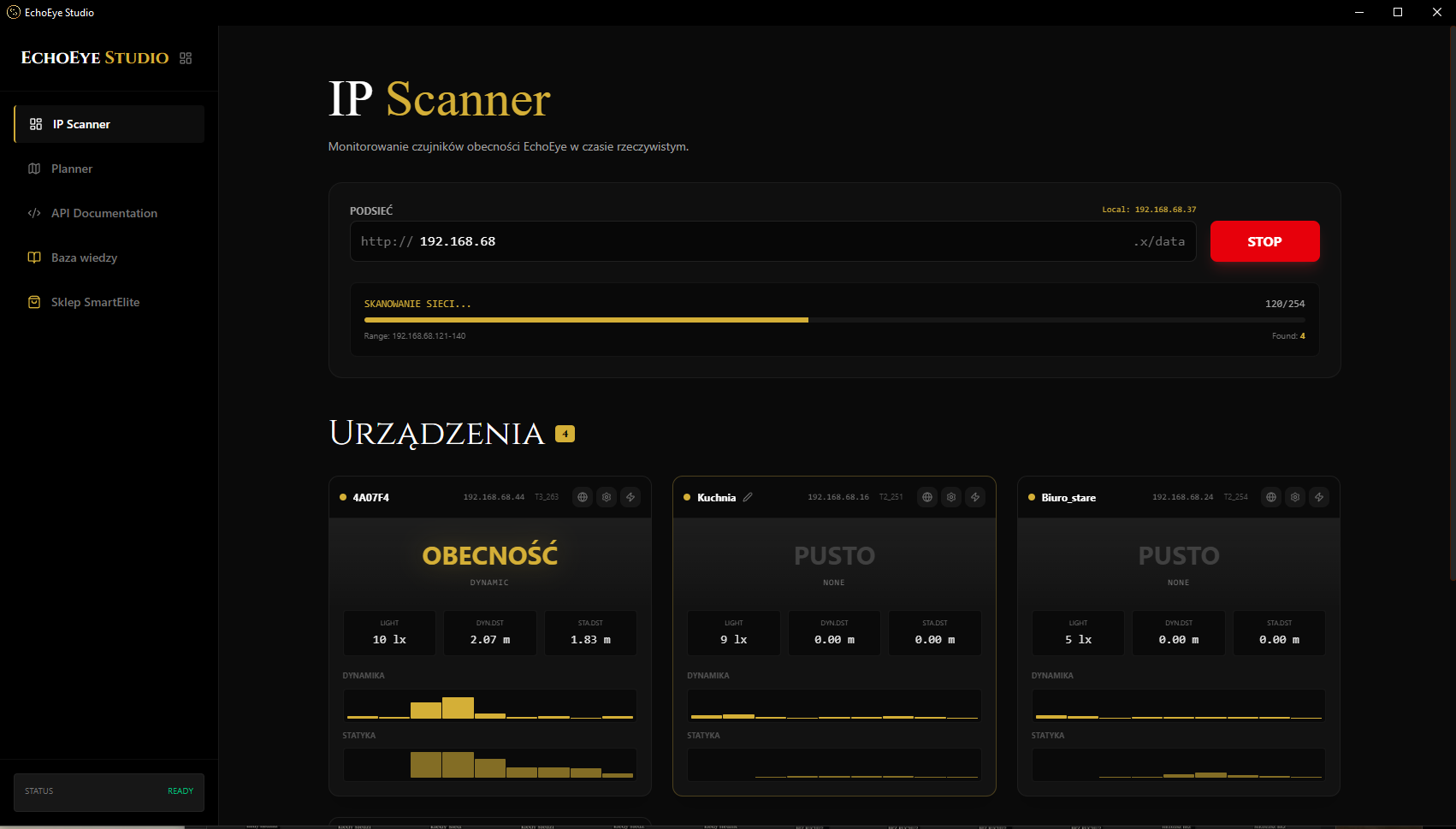 Lista czujników i bieżące odczyty obecności w EchoEye Studio